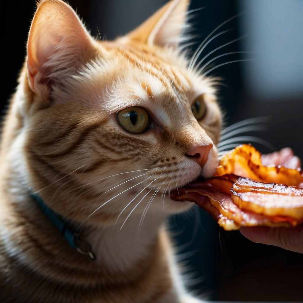 Feeding cat raw bacon it's not the best idea. 
