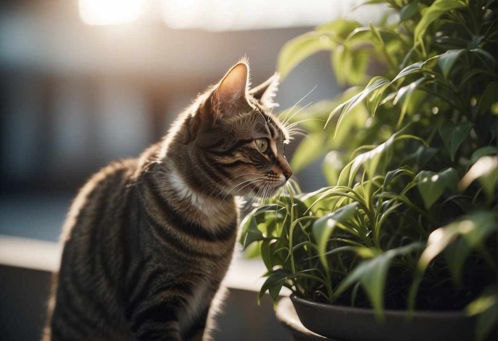 Cat with a wandering jew plant