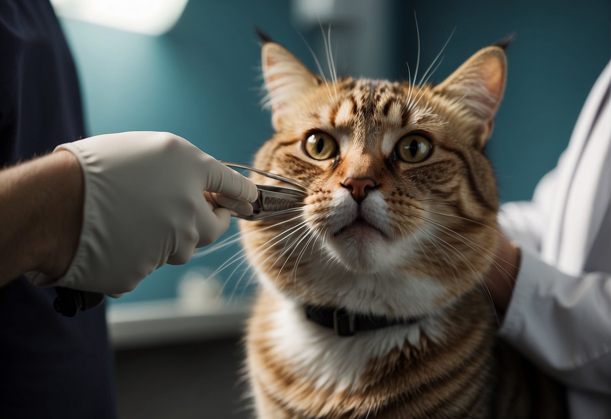 A cat being gently administered a sedative before grooming by a veterinarian