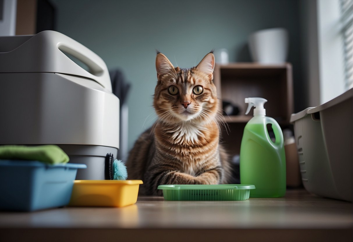 The litter box sits in a clean and organized room, with various cleaning tools and products nearby. A cat looks on curiously as the box is being cleaned