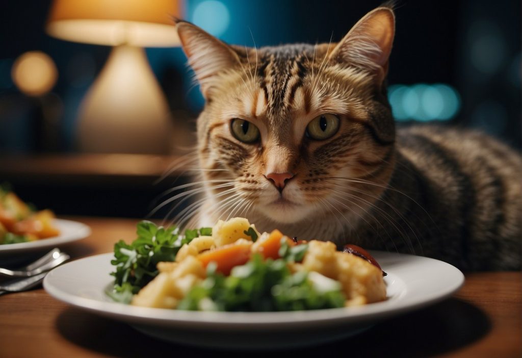 A cat meows contentedly after finishing its meal